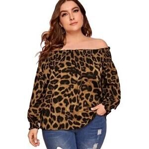 Animal Print Shein Peasant Blouse Womens Leopard Off Elastic Smocked Shoulder XL